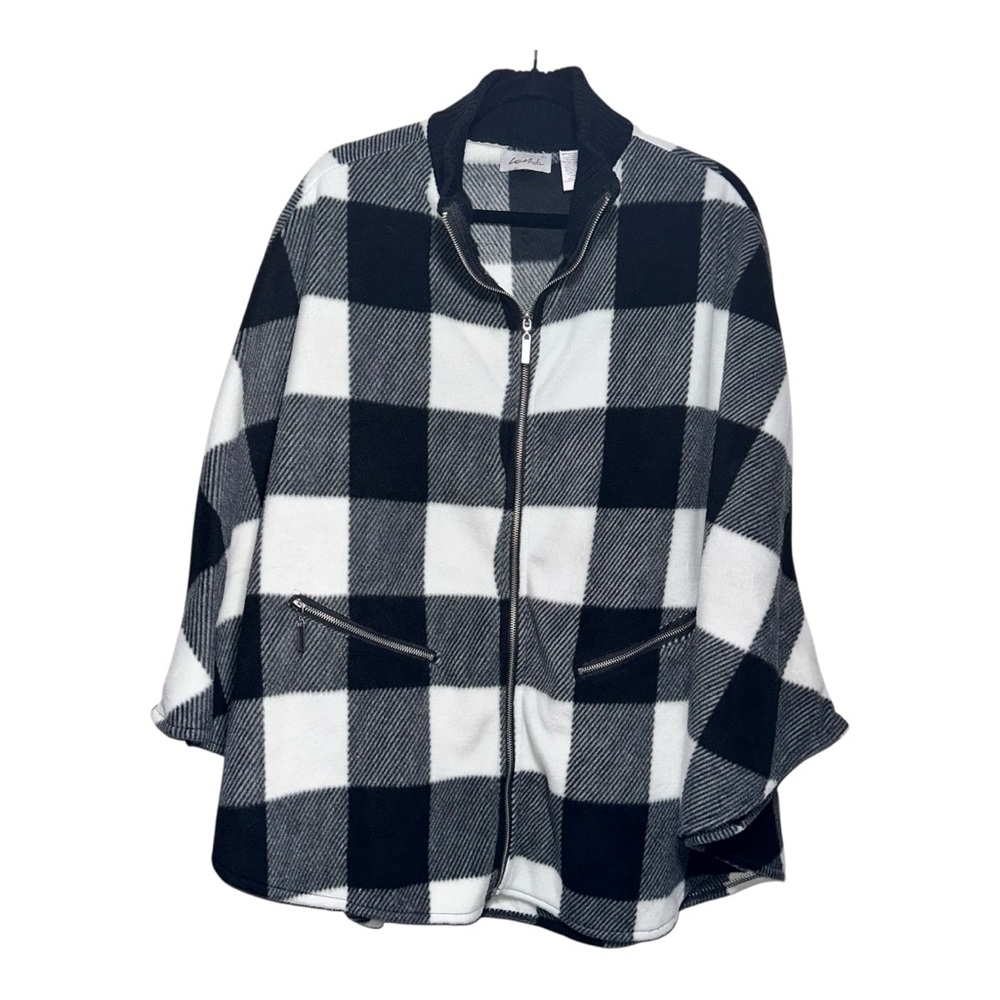 EUC LE MODA Black-and-White Buffalo Plaid Front-Zip‎ Poncho with Pockets